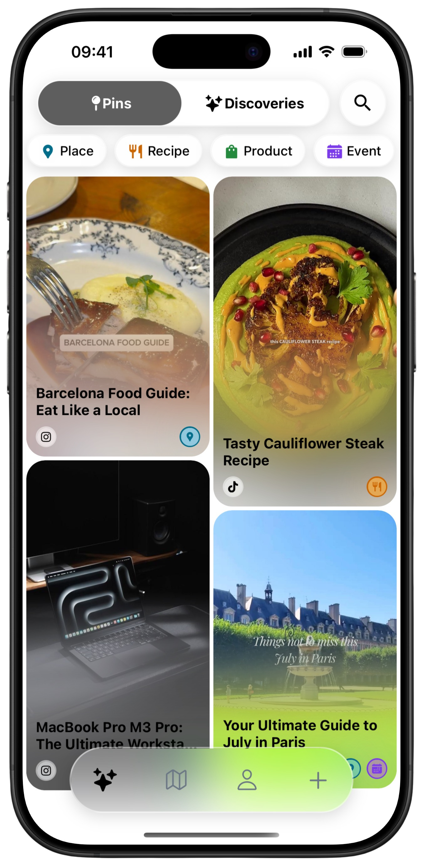 Pinio Home Feed displaying organized social media saves