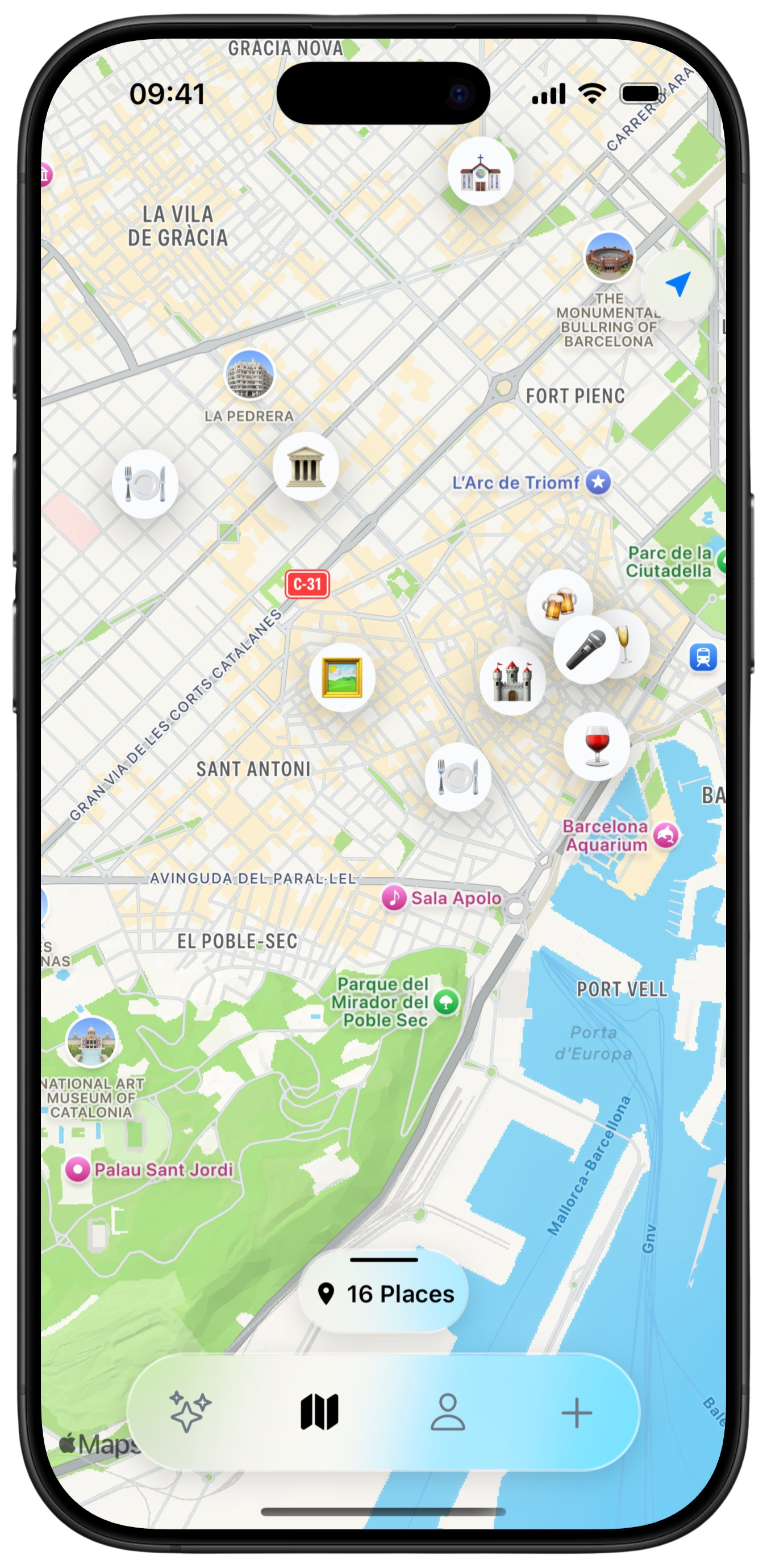 Pinio Maps Screen showing location-based content organization