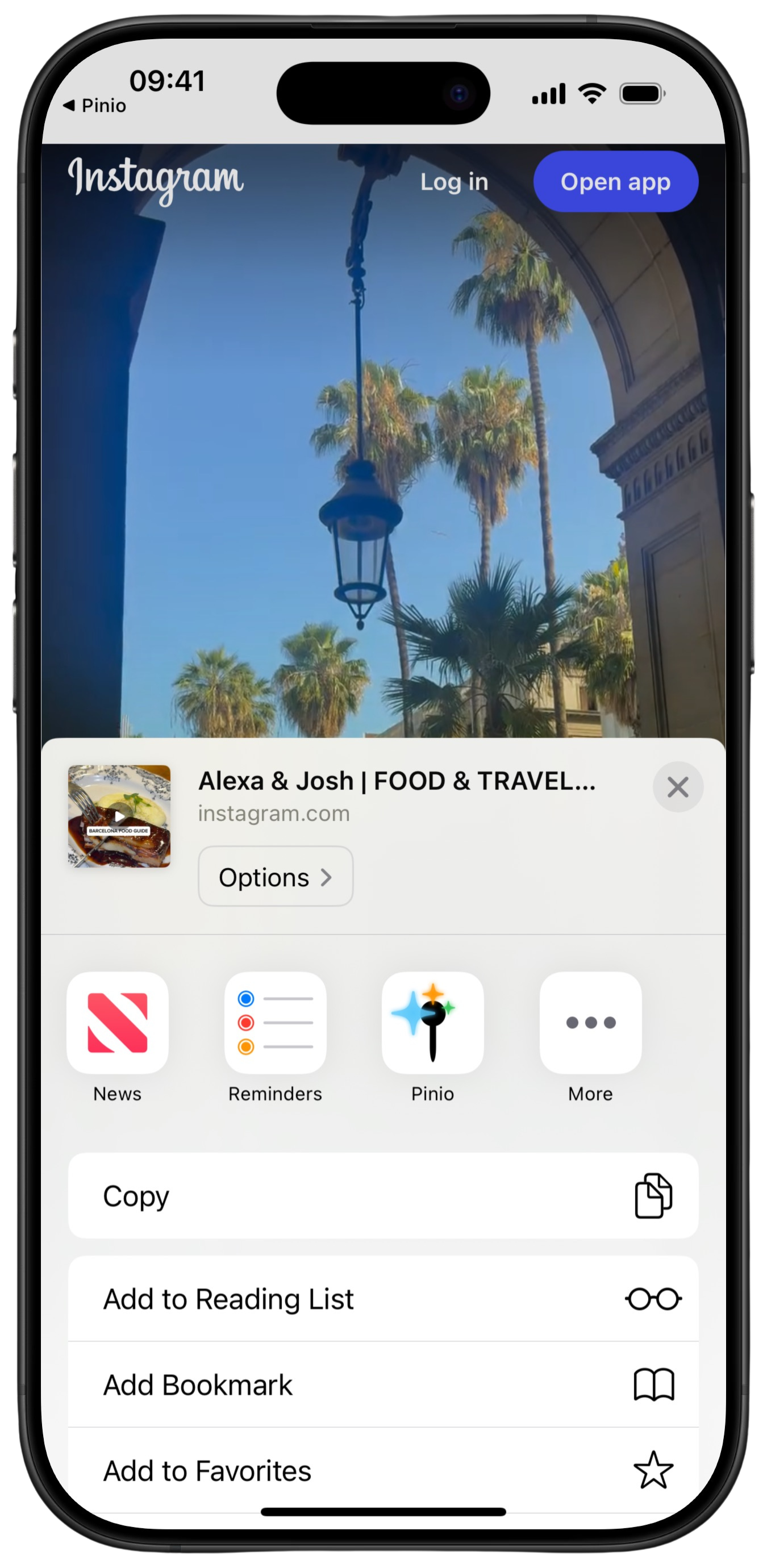Pinio Share Sheet for saving content from social apps
