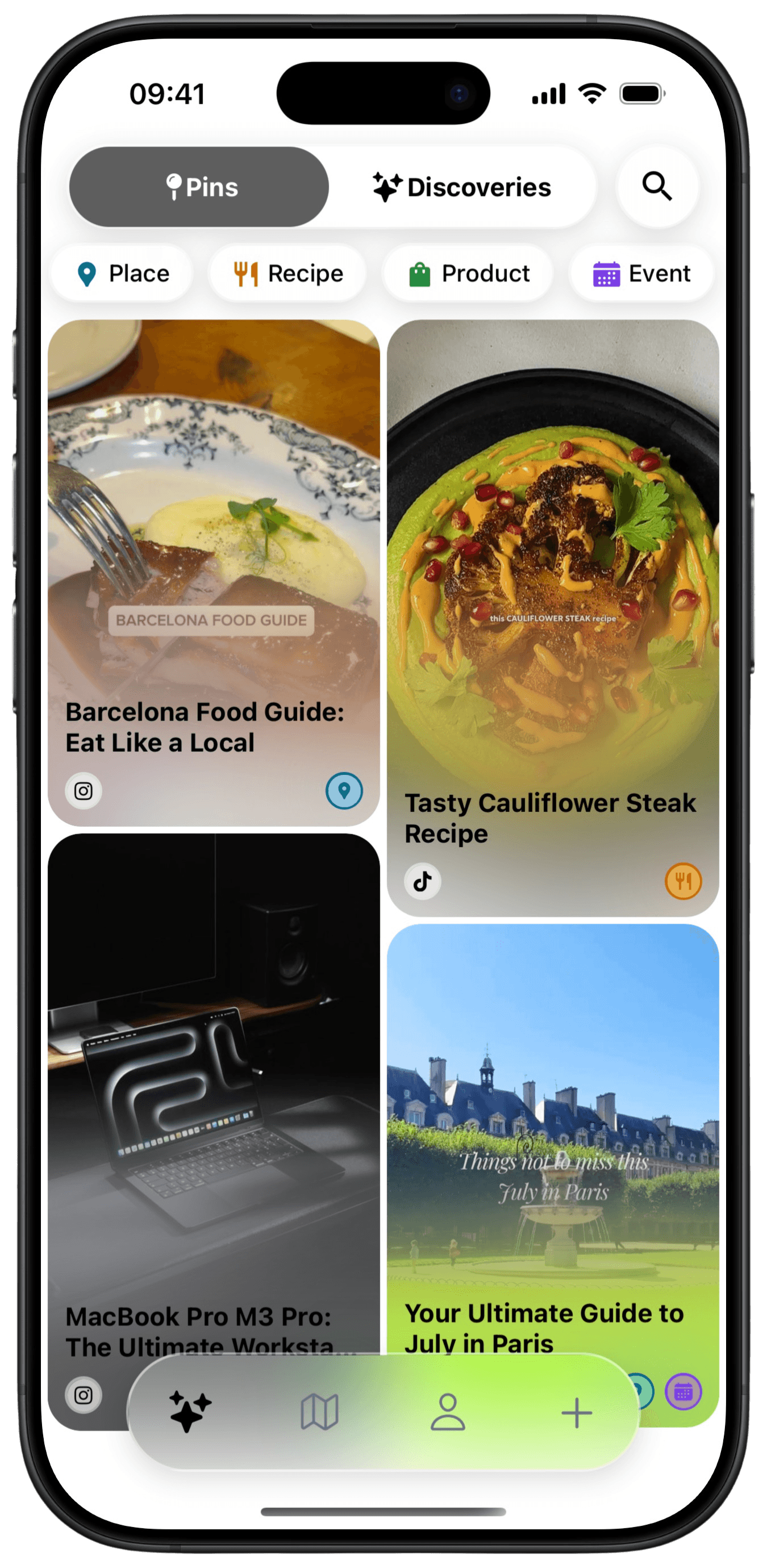 Pinio Home Feed displaying organized social media saves
