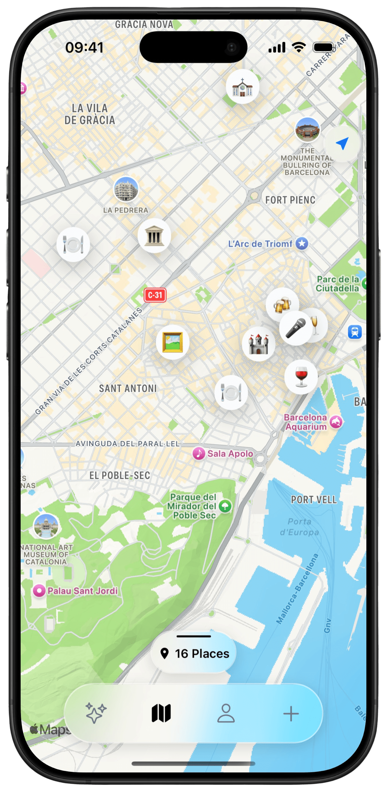 Pinio Maps Screen showing location-based content organization