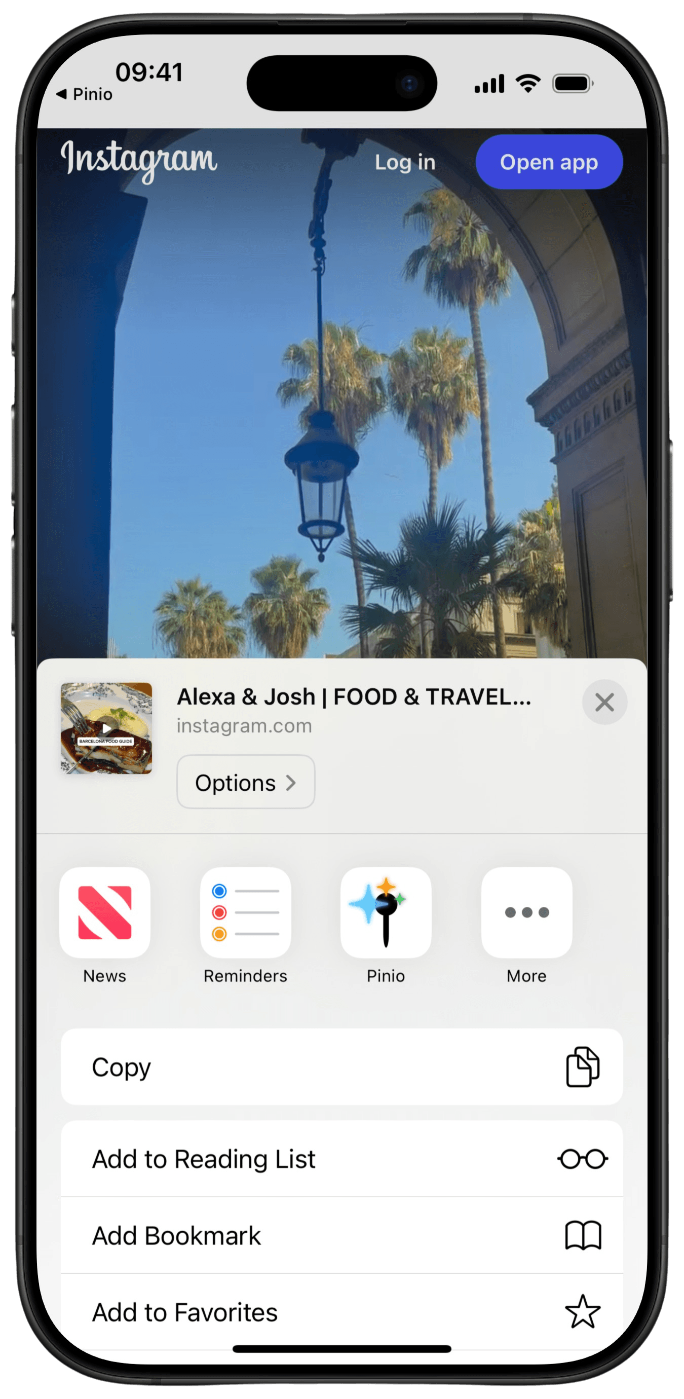 Pinio Share Sheet for saving content from social apps